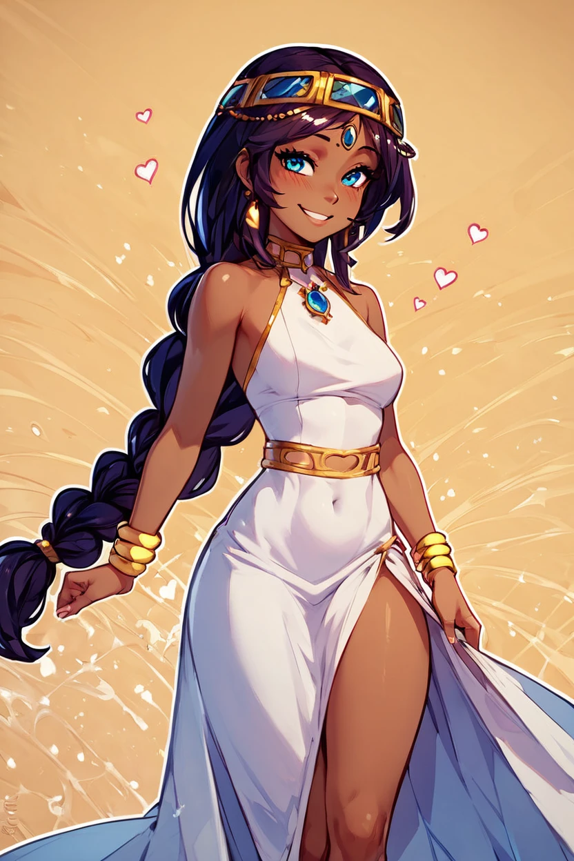 score_9, score_8_up, score_8, medium breasts, (curvy), cute, eyelashes,       BREAK, ,  <lora:Serket_Takatsu_v2:0.7>, zzSerket, dark skin, large breasts, dress, bare shoulders, jewelry, very long hair, bracelet, single braid, circlet,, BREAK, smile, looking at viewer,  abstract background, white outline, cowboy shot, embedding:zPDXL, Expressiveh, <lora:CatalystStylePDXL:0.6>,  <lora:SDXLFaeTastic2400:0.5>,  <lora:Expressive_H-000001:0.4>,