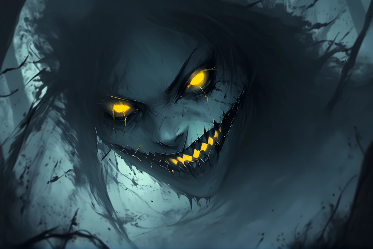 In the night, the eyes that glow, A twisted smile begins to show
Objects: (glowing yellow eyes):2, (slitted pupils):1.5, (sharp and menacing):1.8, (sinister twisted grin):2.5, (jagged teeth):2, (face barely visible):1, (face cloaked in darkness):1.5, (face emerging from shadow):2,
Environment: (misty dense forest):1.8, (night):1.2, (towering twisted trees):2, (thick fog swirling on ground):1.5, (isolation):1, (mystery):1.5,
Lighting: (very dim):1.2, (faint glows from eyes and smile):2, (eerie reflections and shadows):1.8, (mist):1.2,
Camera: (close-up face):1.8, (focus on glowing eyes):2, (smile emerging from darkness):2.5, (tilted angle for unsettling effect):1.5,
Artistic Style: (dark Gothic horror):2, (high contrast):1.5, (shadowy):1.8, (smooth brushstrokes):1.5, (intricate eyes and smile):2.2, (blurred and misty surroundings):1.3, (focus on face):2.5,
Color: (deep blacks and shadowy grays for the background):1.8, (glowing yellow-orange for eyes):2, (faint blue-gray on the mist and shadows):1.5, (subtle crimson tint to the grin):1.8, <lora:artfullyCREEPYHORROR:1>