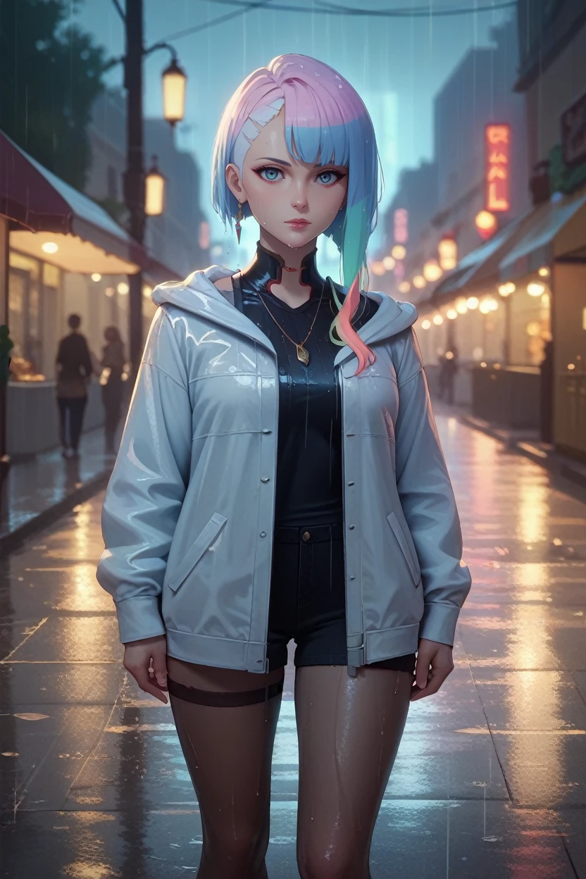 score_9, score_8_up, score_7_up, score_6_up
<lora:ERLucy:0.8>
ERLucy, 1girl, multicolored hair, asymmetrical hair, looking at viewer, standing under a streetlamp in the rain, reflections on wet pavement, city lights blurred in the background, cinematic and dramatic feel