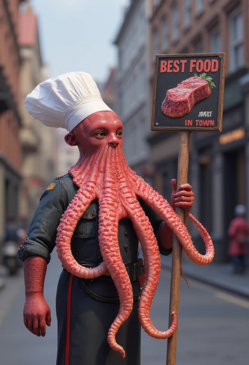 A Chef Octopus, (standing in the street, holding a sign with steak picture "BEST FOOD IN TOWN"  ) , full body shot, looking at the viewers, realistic hyper-detailed, masterpiece,best quality, intricate details  . choctoefpus <lora:FLUX_ChOctoefpus_LoRA-000011:1>