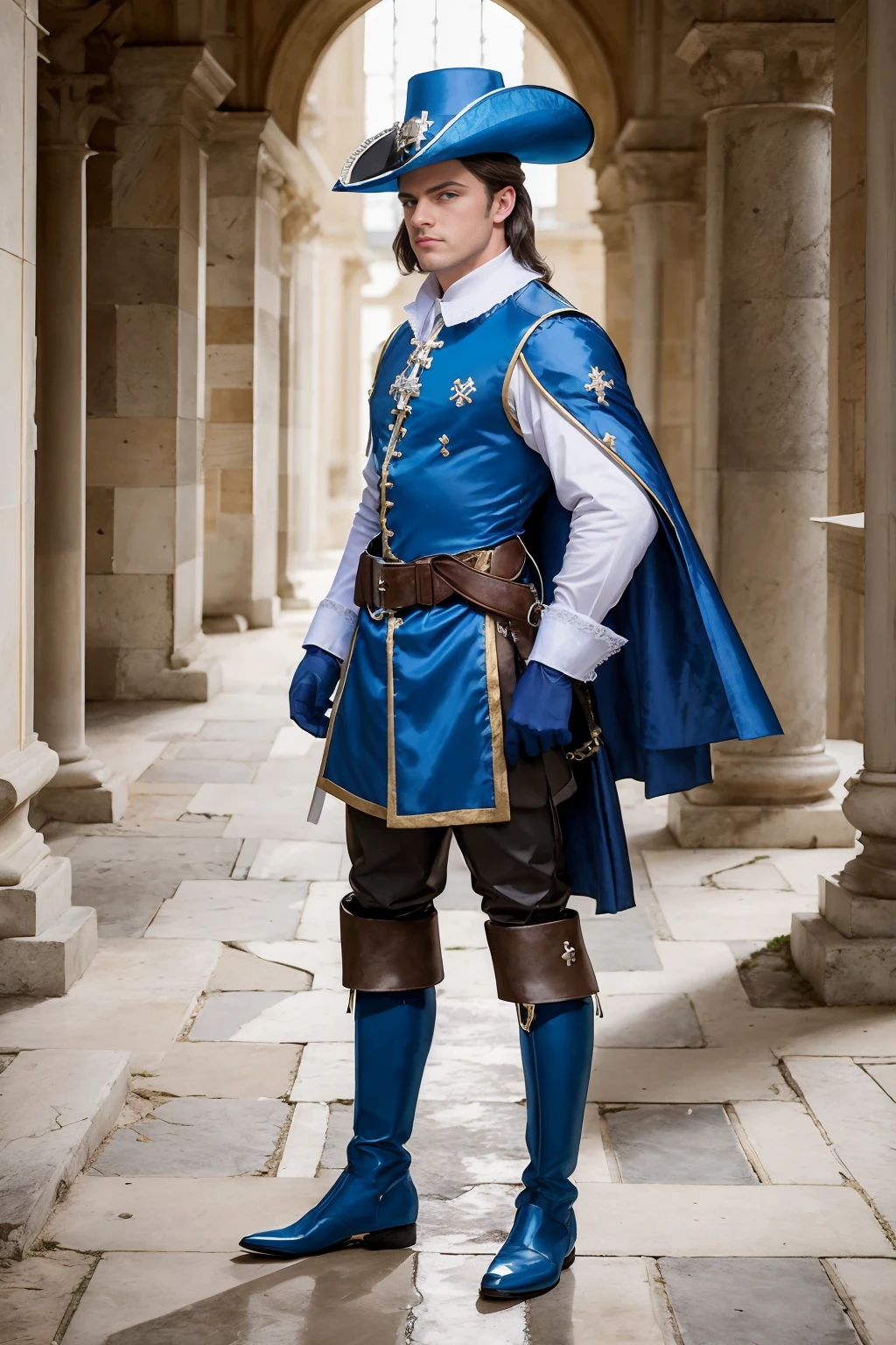 courtyard, Palace of Versailles, standing, JakeWilder, musketeerdress, gloves, blue dress, details, hat, cross symbol, boots, (male focus), ((full body portrait)), wide angle <lora:JakeWilder:0.8> <lora:ARWAMusketeerDress:0.75>