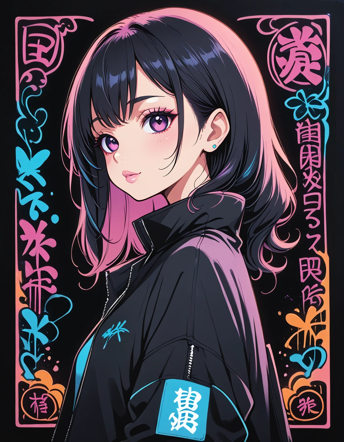 (score_9, score_8_up, score_7_up),neon graffiti,black background,album cover of a cute anime girl,