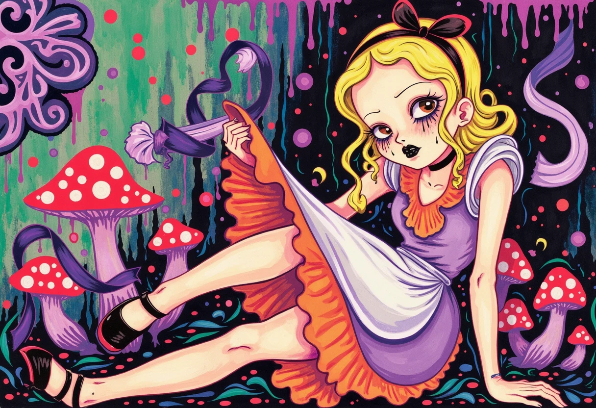 crga, closeup of alice in wonderland sitting to the side wearing her skirt with her legs to the side, mushrooms, ribbons, long black tear streaks, black lips, the background has an intricate pattern in the upper left corner and the bottom left corner, her dress is orange with purple, the background is rectangular green and purple with paint drips, purple dots, red dots, 