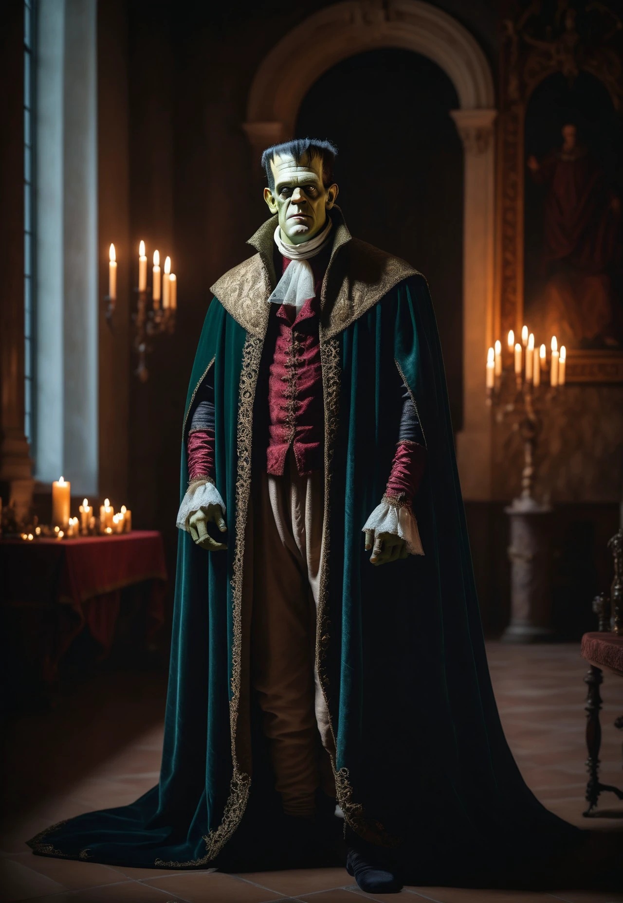 Frankenstein depicted in Renaissance period clothing and environment, indoors, royal clothing, cape, robe, opulence, candle light, high quality, raw photo