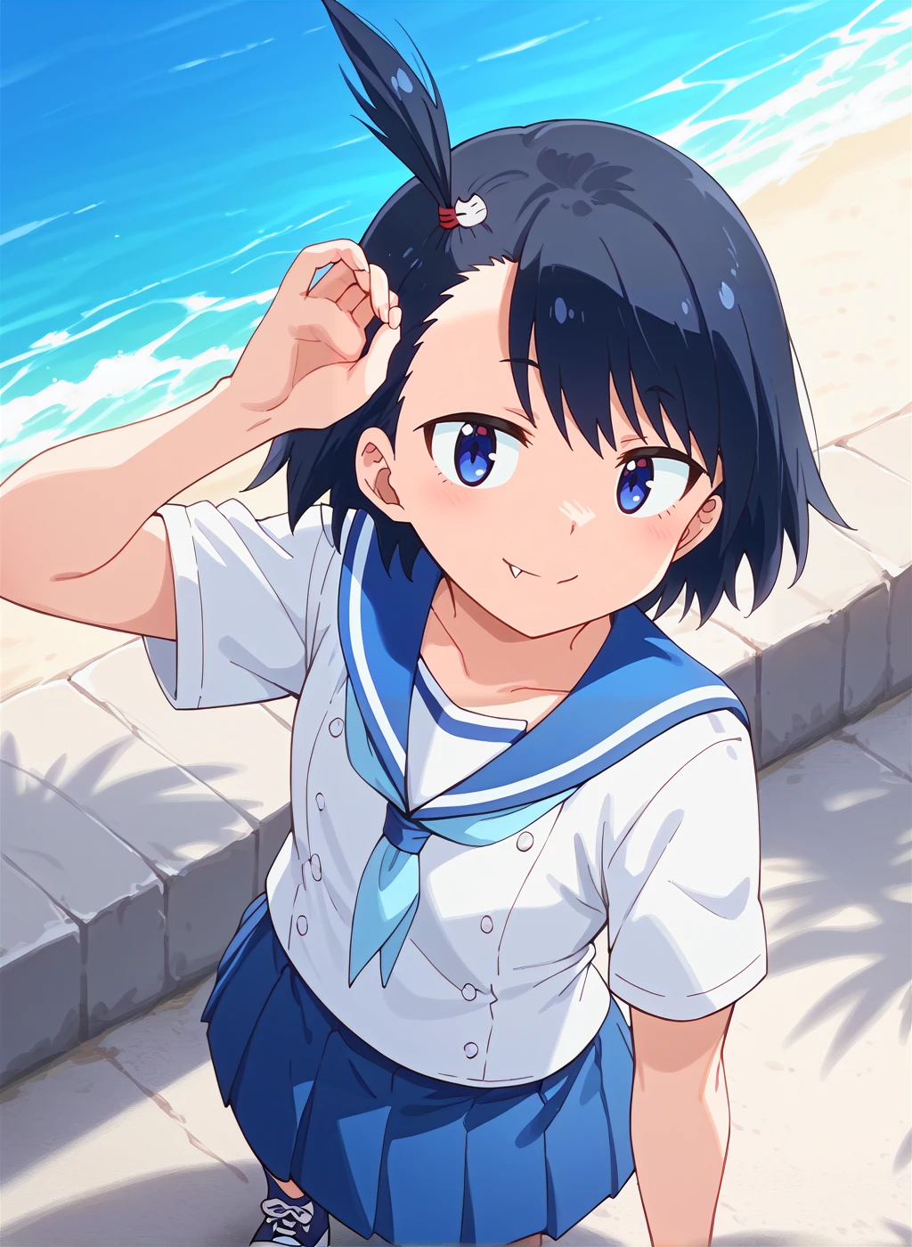 score_9,score_8_up,score_7_up,source_anime,anime,nsfw,rating_explicit,uncensored,High quality,Ultra detailed,best quality,insanely detailed,beautiful,masterpiece,perfect lighting BREAK
<lora:hodaka_natsumi_V1:1>,(hodaka_natsumi, black hair, short hair, blue eyes, hair ornament,one side up, fang,summer uniform,sailor collar,neckerchief, white shirt,short sleeves, blue skirt, pleated skirt, blue socks,sneakers),1girl,solo,smile,posing,outdoors,sea,embankment,looking_at_viewer,from_above,