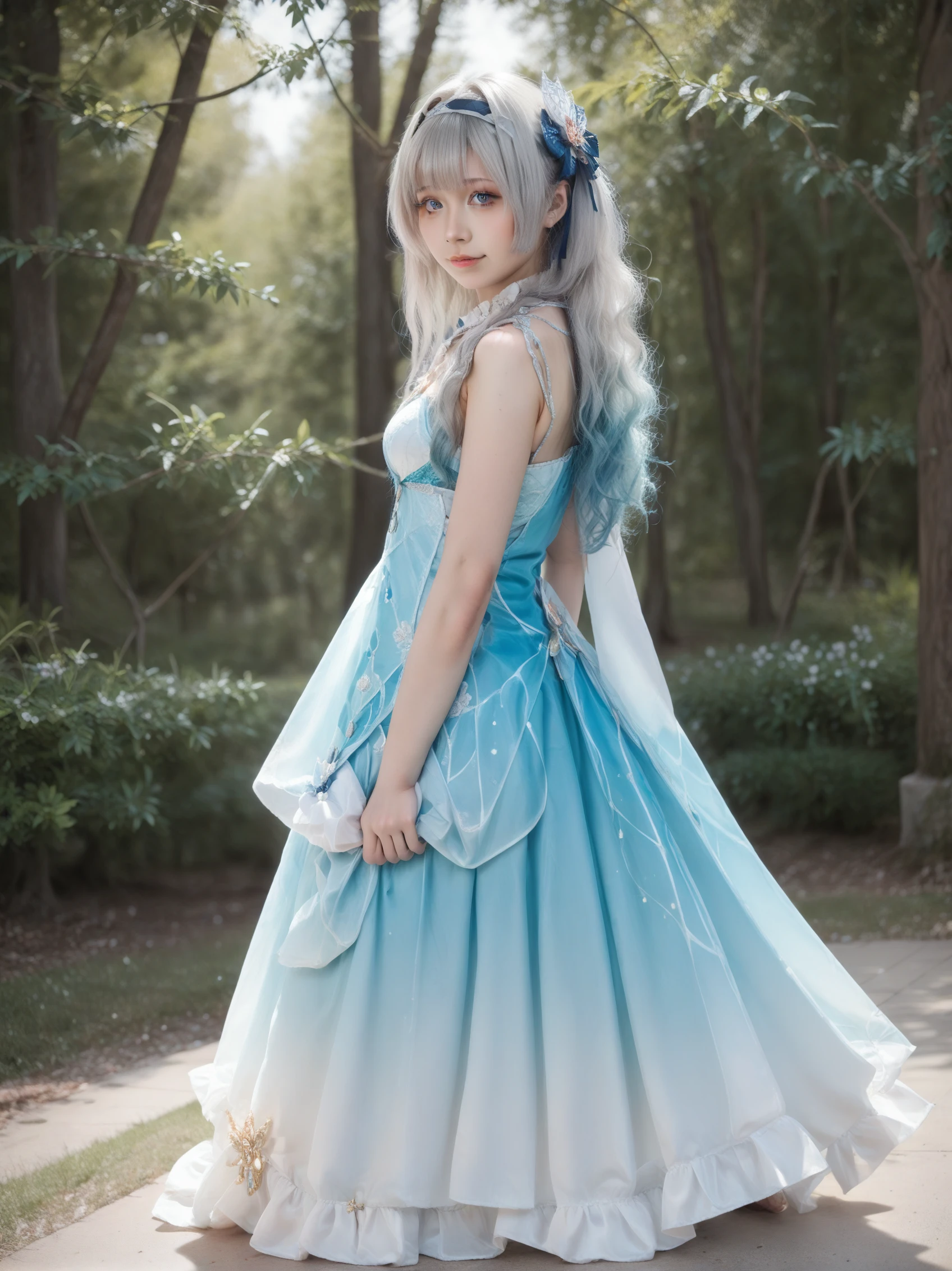 Cute, Absurdres, masterpiece, best quality, 1girl, Gradient hair, Score_8_up, Beautiful decorated gown, <lora:beautiful dress:0.3>, beautifull dress, (Small breasts:1.2), <lora:cosplay-svetlyachok:0.8>, cosplay-svetlyachok, Hair ornament