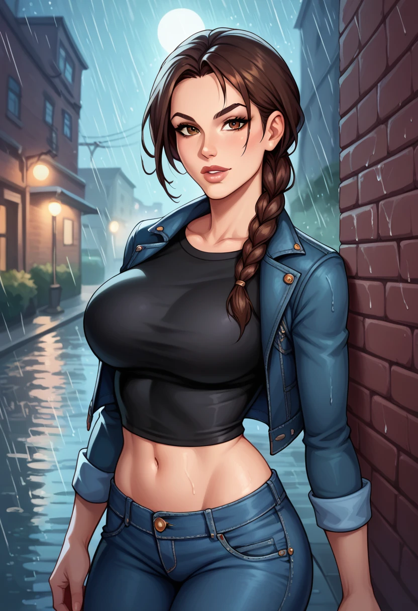 score_9, score_8_up, score_7_up, source_anime, BREAK solo, 1 girl, <lora:ClassicLaraCroft:0.9>, TRLCLAS, brown hair, brown eyes, single braid, lips, black shirt, denim jacket, midriff, jeans, large breasts, rain, night, brick walls,, looking at viewer, long sleeves, alleyway
