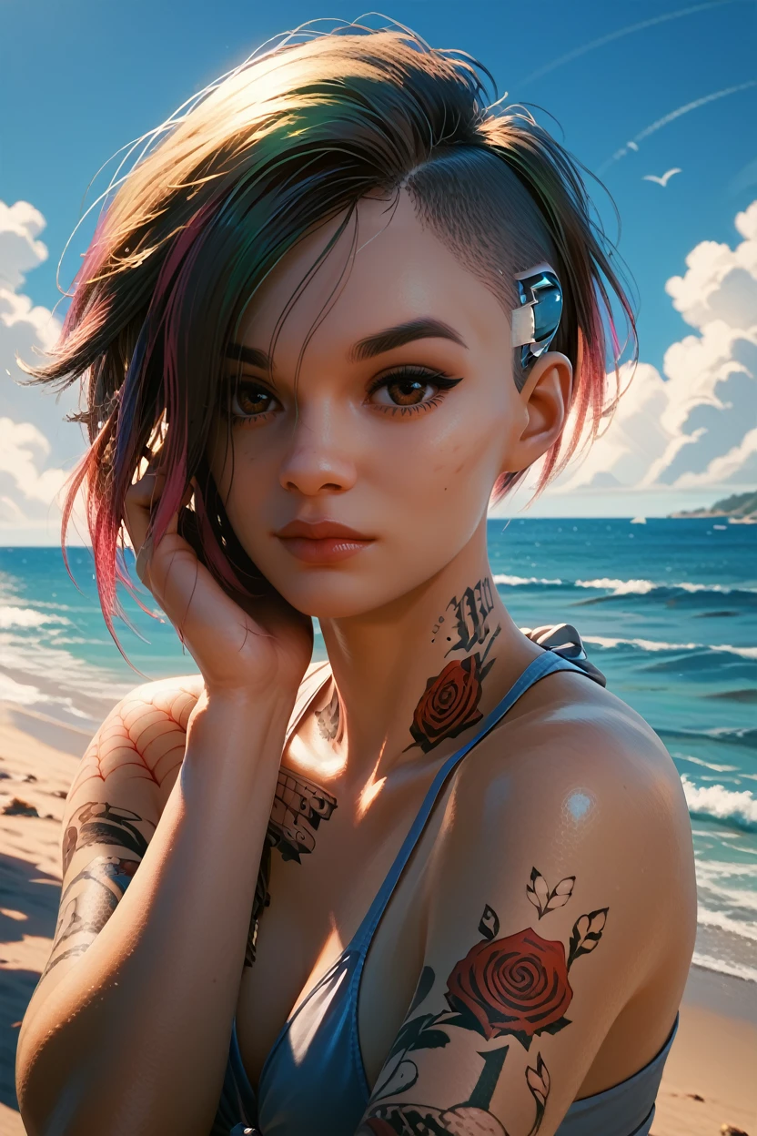 score_9, score_8_up, score_7_up, score_6_up
<lora:CyberJudy:0.8>
CyberJudy, 1girl, brown eyes, asymetrical hair, multicolored hair, tattoo, looking at viewer, adjusting hair, upper body, sea, blue sky, white cloud, beach