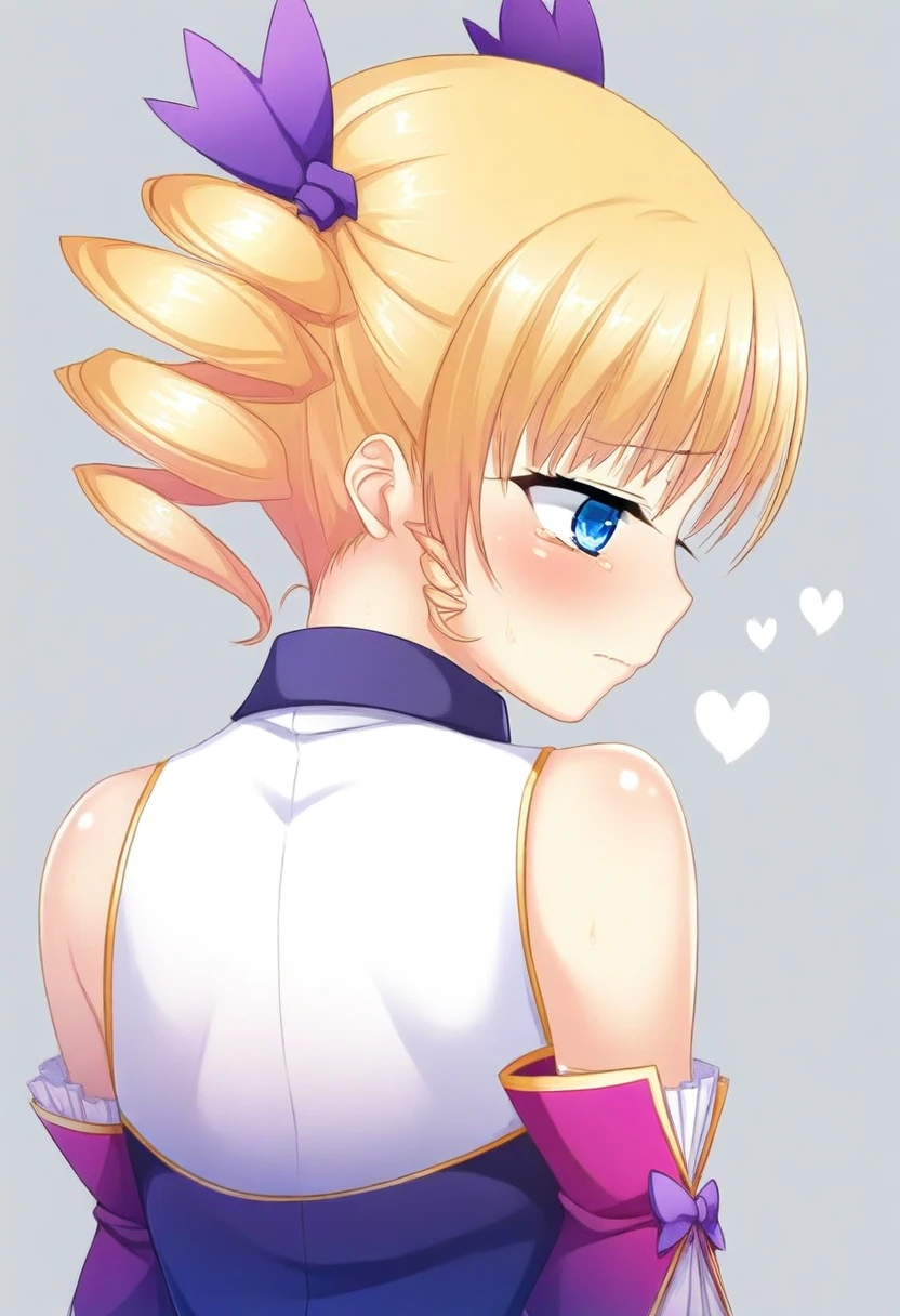 1girl, karin, bare shoulders, blonde hair, blue eyes, drill hair, from behind, hair ribbon, heart, ribbon, sad, solo, twin drills, twintails, best quality, amazing quality, very aesthetic, absurdres, <lora:char-karin>