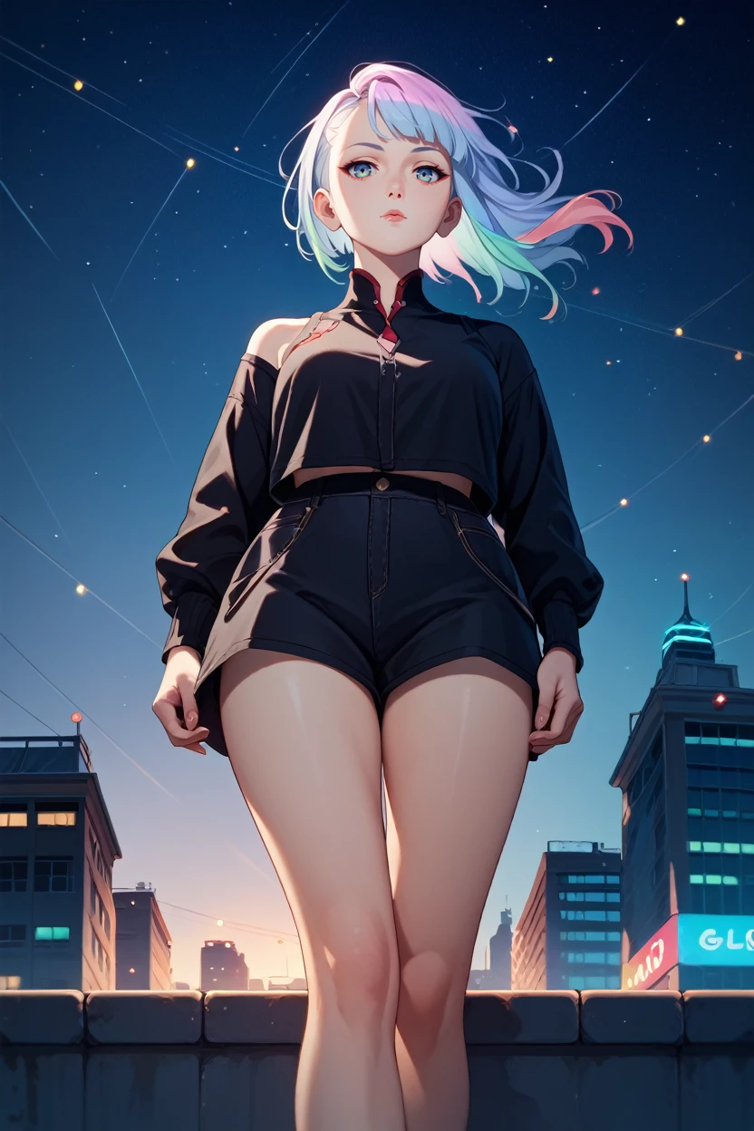 score_9, score_8_up, score_7_up, score_6_up
<lora:ERLucy:0.8>
ERLucy, 1girl, multicolored hair, asymmetrical hair, looking at viewer, standing on a rooftop at night, city lights twinkling below, wind gently blowing hair, starry sky above, mysterious and enchanting ambiance