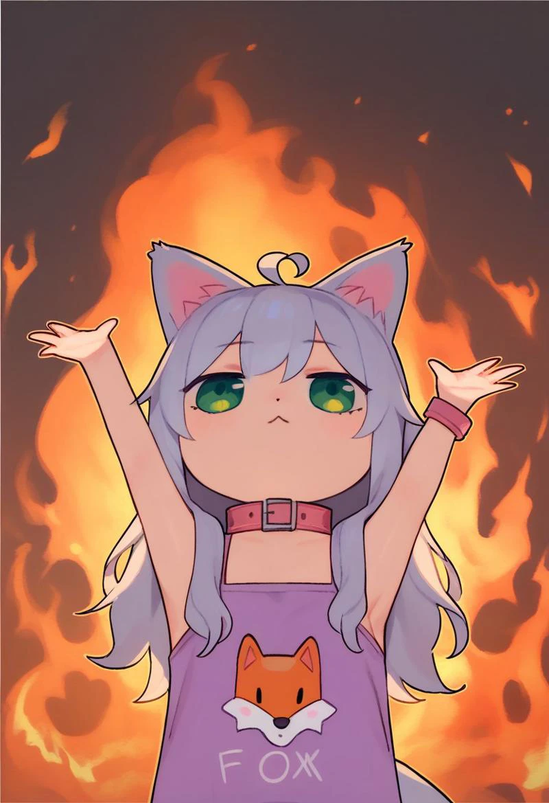 score_9, score_8_up, score_7_up, 1girl, chibi, arms up, fire, outstretched arms, upper Body, burning, animal ears, grey hair, long hair, tail, green eyes, collar,