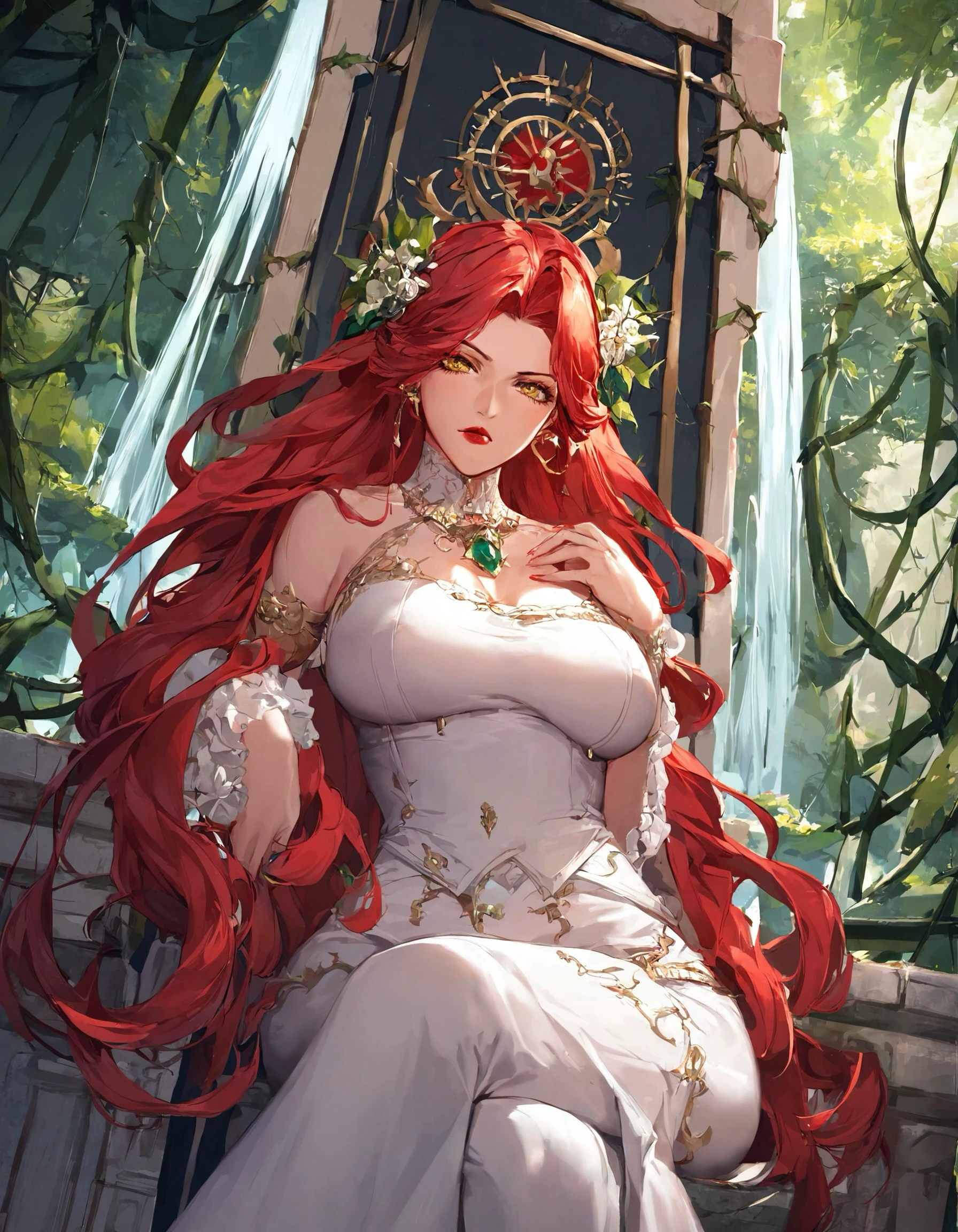 (score_9, score_8_up, score_7_up), (source_anime), (masterpiece), best quality, StylePTN, 1girl, mature female, red lips, very long hair, red hair, yellow eyes, white dress, serious, looking at viewer, crossed legs, sitting on a throne, close up, upper body, temple, ruins, waterfall, vines, Dutch angle