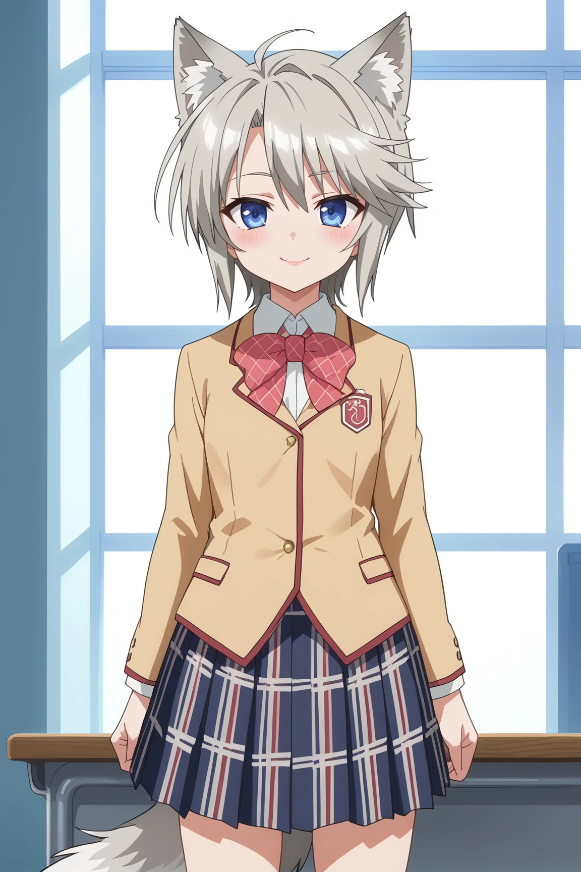 score_9, score_8_up, score_7_up, source anime, prefect lighting, very aesthetic, BREAK, anime coloring, anime screencap,
<lora:ezomori_nozomu_v1-pdv6:1>, 1girl, ezomori nozomu, kanokon, blue eyes, grey hair, short hair, wolf ears, wolf tail,
school uniform, long sleeves, bow, plaid skirt, kneehighs,
BREAK, light smile, blush, looking at viewer,
BREAK,