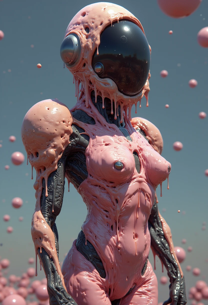 unreal engine render of a cute waifu woman with a tight bikini sci-fi space suit. Large pyramid shaped space helmet. She is walking through a nebula atmosphere on the rings of a gas giant planet. Covered in gross disgusting textures and mucus.