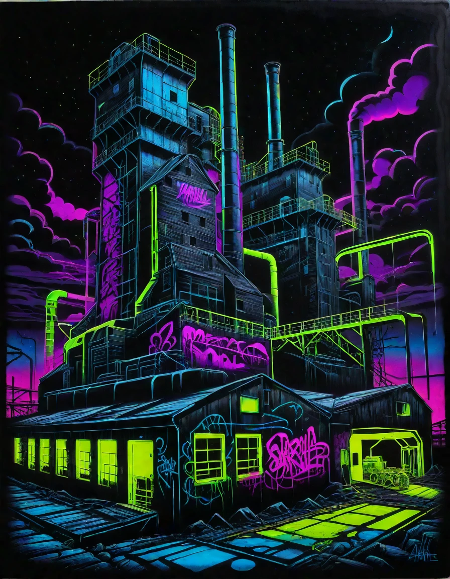 black background, blacklight painting,flat lighting, flat colors,((album cover of a surreal industrial mill with neon graffiti)),   <lora:Black_Neon_Graffiti_r1:1>