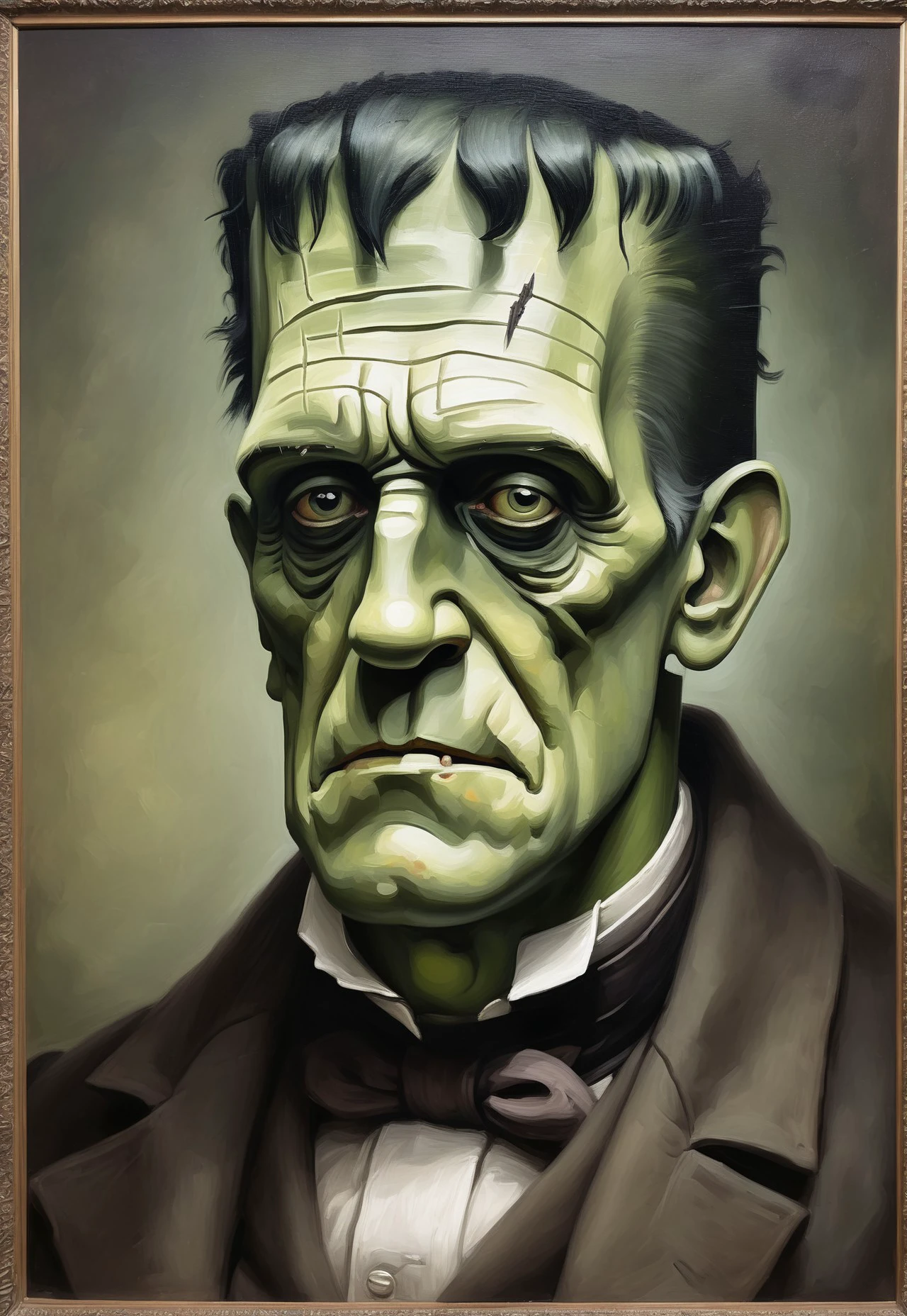 Frankenstein, portrait, oil painting, Victorian era, muted colors, looking at viewer