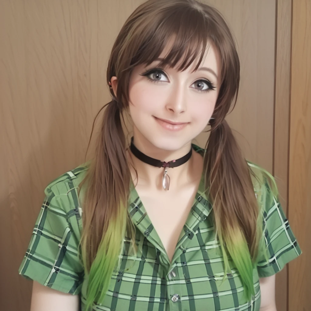 <lora:Pony_Goosaphone:1>, g00saph0n3, 1girl, solo, breasts, brown hair, smile, shirt, twintails, choker, large breasts, multicolored hair, plaid, plaid shirt, long hair, green hair, realistic, gradient hair, portrait