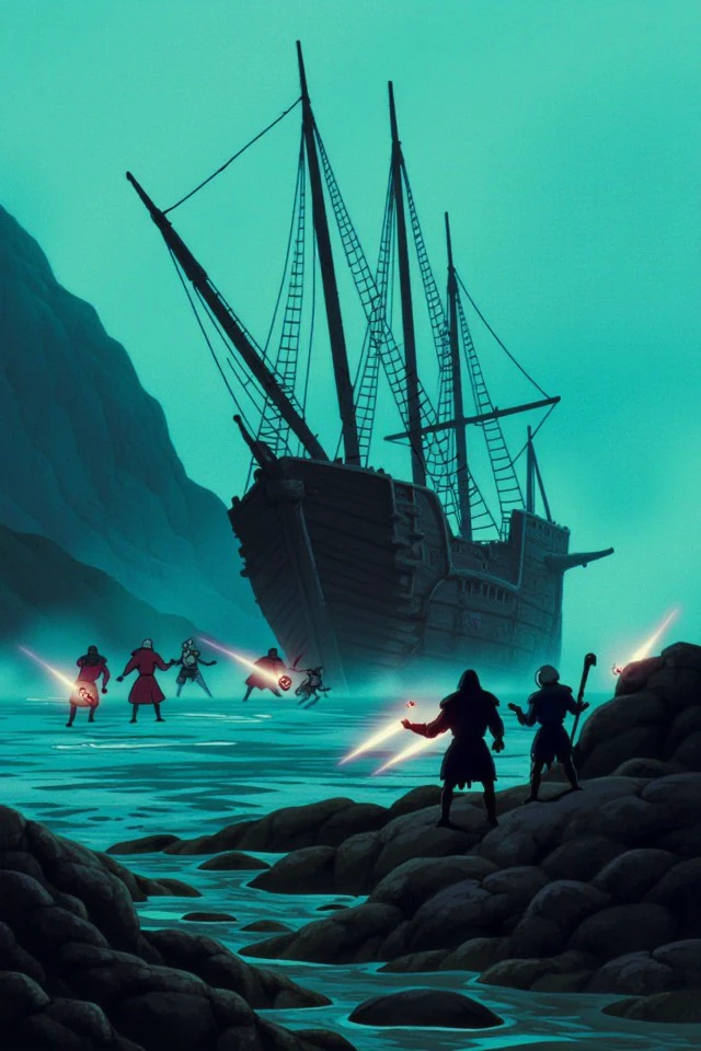 A derelict shipwreck on a foggy coast, haunted by ghostly pirates clashing with intrepid adventurers. The scene captures the eerie aftermath of a battle, with spectral figures locked in eternal combat.