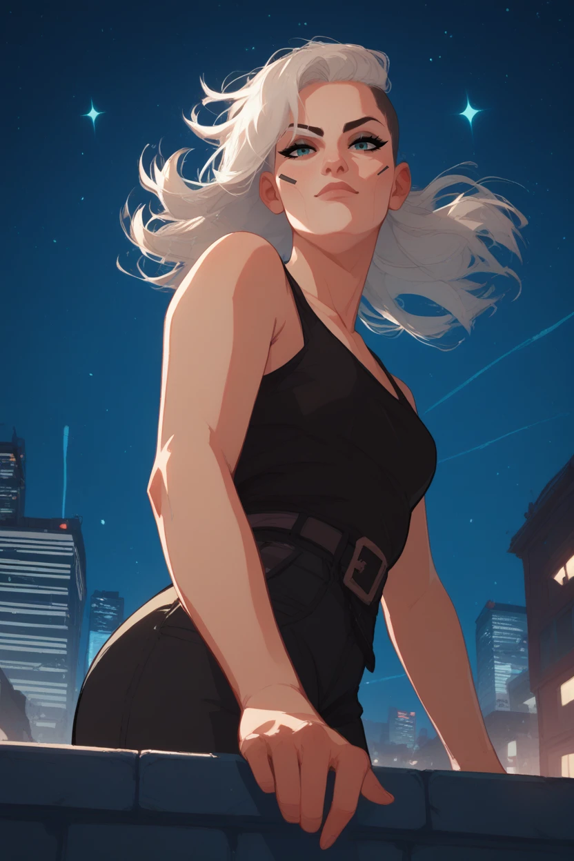 score_9, score_8_up, score_7_up, score_6_up
<lora:CyberRogueOld:0.8>
CyberRogueOld, 1girl, white hair, asymmetrical hair, looking at viewer, standing on a rooftop at night, city lights twinkling below, wind gently blowing hair, starry sky above, mysterious and enchanting ambiance