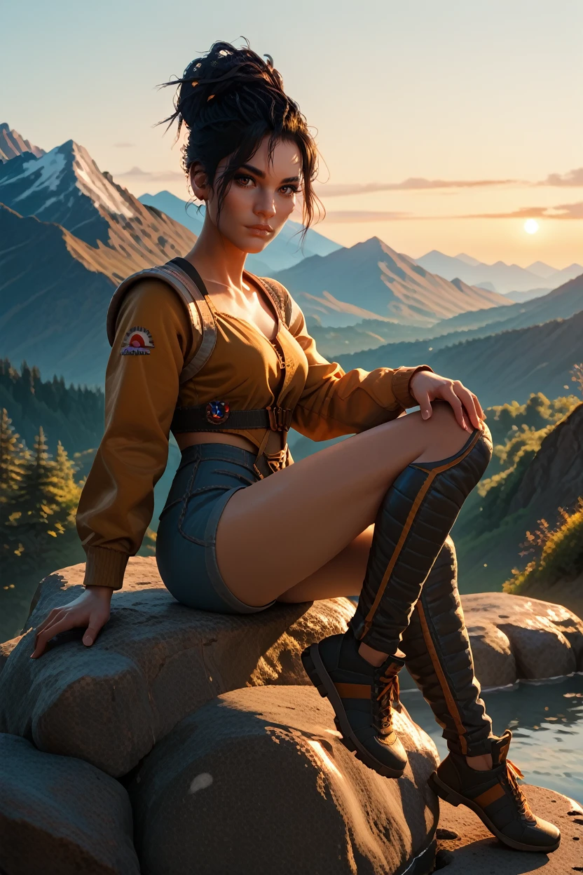 score_9, score_8_up, score_7_up, score_6_up
<lora:CyberPanam:0.9>
CyberPanam, 1girl, black hair, brown eyes, looking at viewer, gazing into distance, serene expression, sitting on rock, one leg bent, mountains in background, sunrise, misty atmosphere