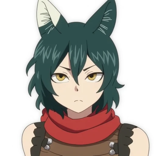 digital drawing in an anime style. The subject is izutsumi a catgirl from Dungeon Meshi series a young person with a mix of human and animal features, specifically a fox. They have short, dark green hair with a few lighter green tips, and prominent, pointed fox ears on top of their head. Their skin is a light tan color, and they have a small, fluffy tail.