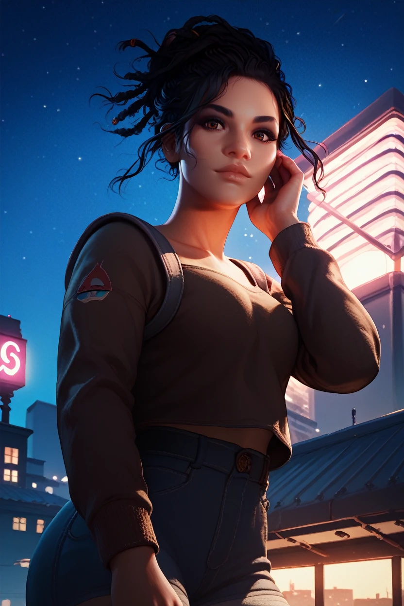 score_9, score_8_up, score_7_up, score_6_up
<lora:CyberPanam:0.9>
CyberPanam, 1girl, black hair, brown eyes, looking at viewer, standing on a rooftop at night, city lights twinkling below, wind gently blowing hair, starry sky above, mysterious and enchanting ambiance