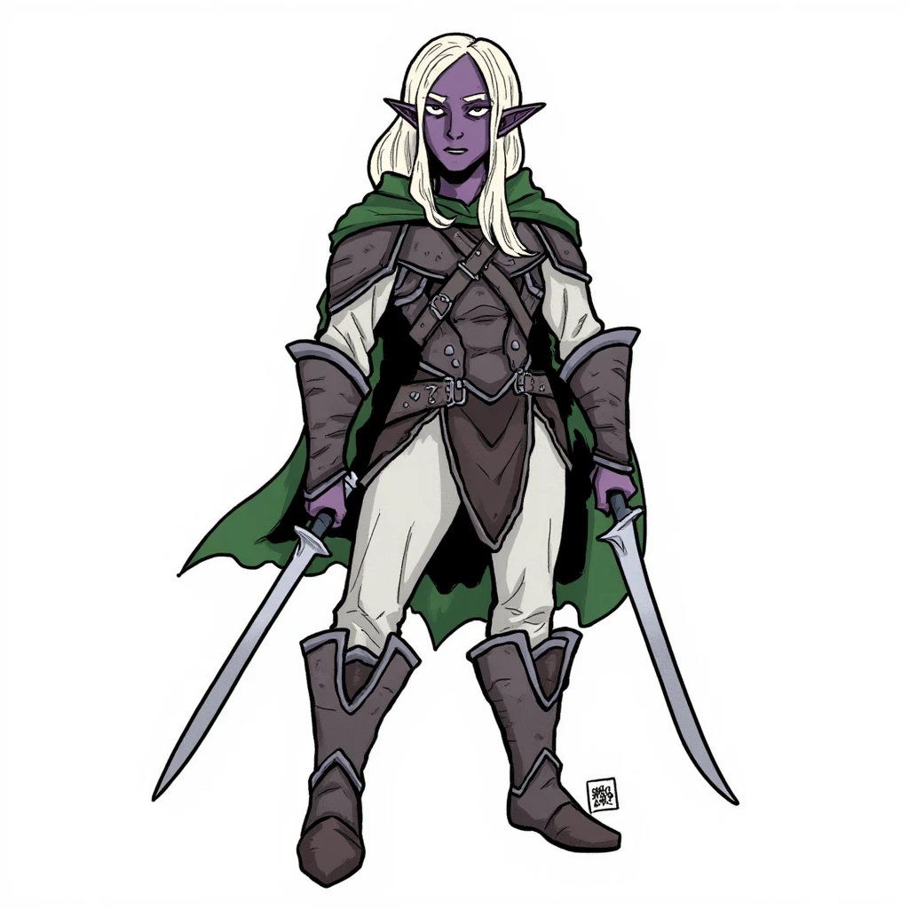 Dr1zzt This image is a digital drawing in a comic book style, featuring a fantasy character. The subject is a elf with purple skin. The character stands confidently, holding a sword in each hand, with one sword pointed downward and the other held horizontally across the body. 

The overall color palette is muted, with the dominant tones being grey, white, and green. The illustration captures a sense of strength and readiness for battle, with the character's posture and the detailed armor emphasizing their warrior status.

high resolution, 4k