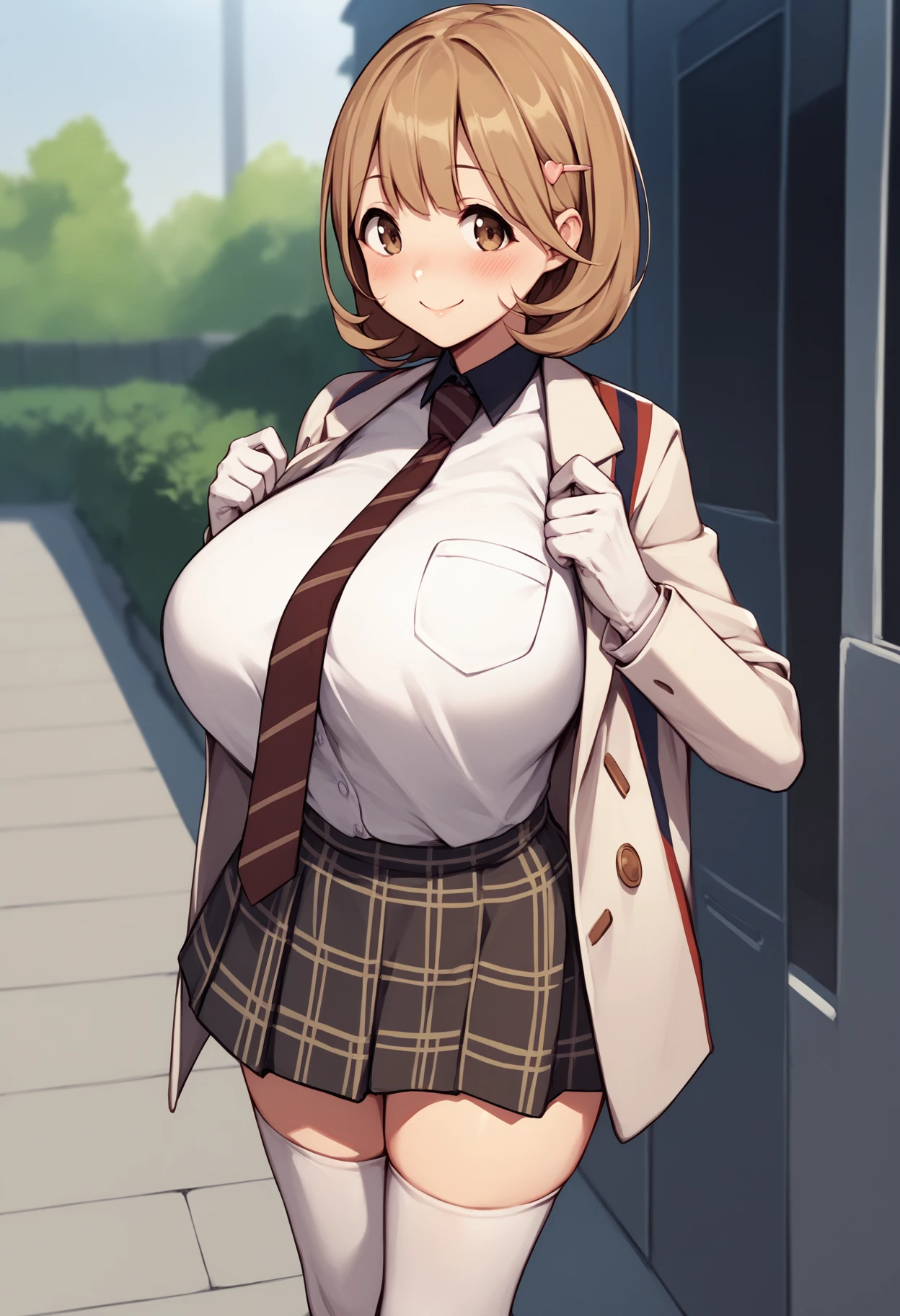 score_9, score_8_up, score_7_up, source_anime BREAK 1girl, solo, <lora:ryoukanarusawa-on-richy-v1_pdxl:1> ryoukalt, brown eyes, brown hair, short hair, huge breasts, hairclip, striped necktie, jacket, white shirt, plaid skirt, white thighhighs, white gloves, shirt tucked in, tented shirt, smile, looking at viewer, blush, thighs