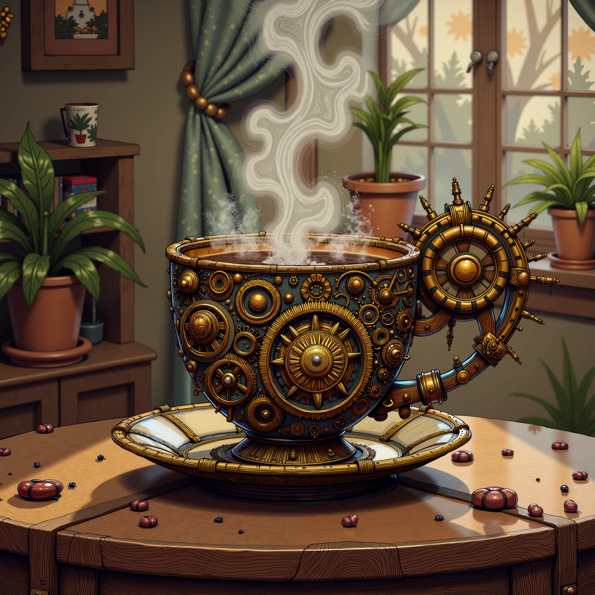 (background and foreground using a streampunk illustration style:1), comic book, Create a steampunk-themed image featuring a large, uniquely design coffee cup integrated with mechanical gears that travel the coffee seamlessly, with steam rising from the surface on a sleek carved wooden table.