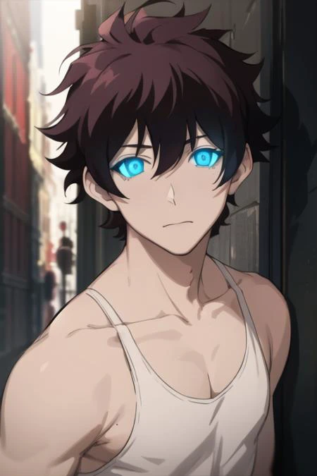 masterpiece, best quality, high quality, 1boy, solo, male focus, looking at viewer, upper body, <lora:leonardo_watch:0.76>, leonardo_watch, brown hair, blue eyes, glowing, no sclera, , tank top