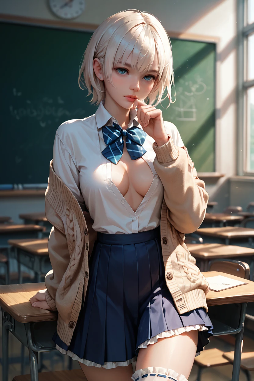 <lora:doa_luna:0.9> luna, cardigan, classroom, open clothes, skirt, frilled thighhighs, score_9, score_8_up, score_7_up, zPDXL3