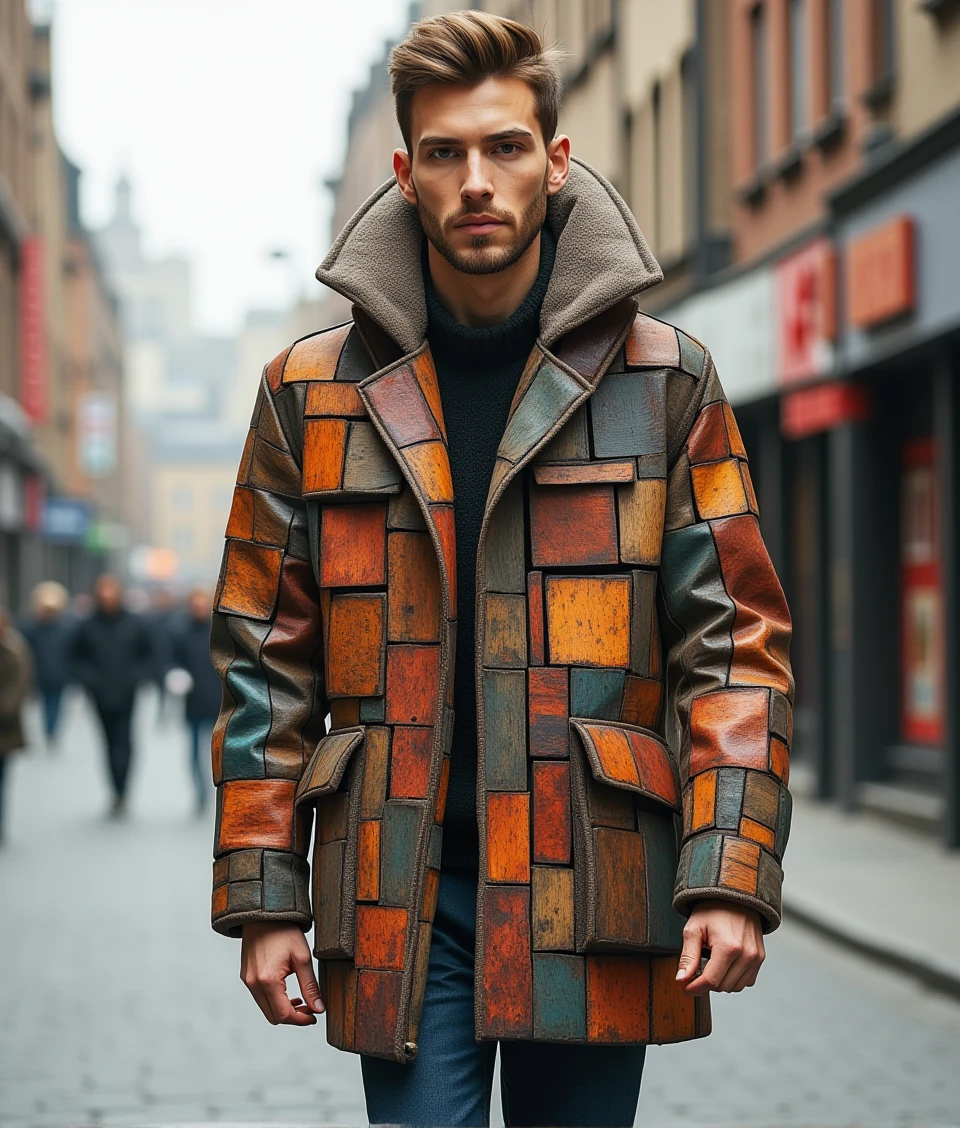 a young Caucasian male wearing the coat which is made up of colourful wooden blocks and intricately carved with intricate details,the man is walking through citycape