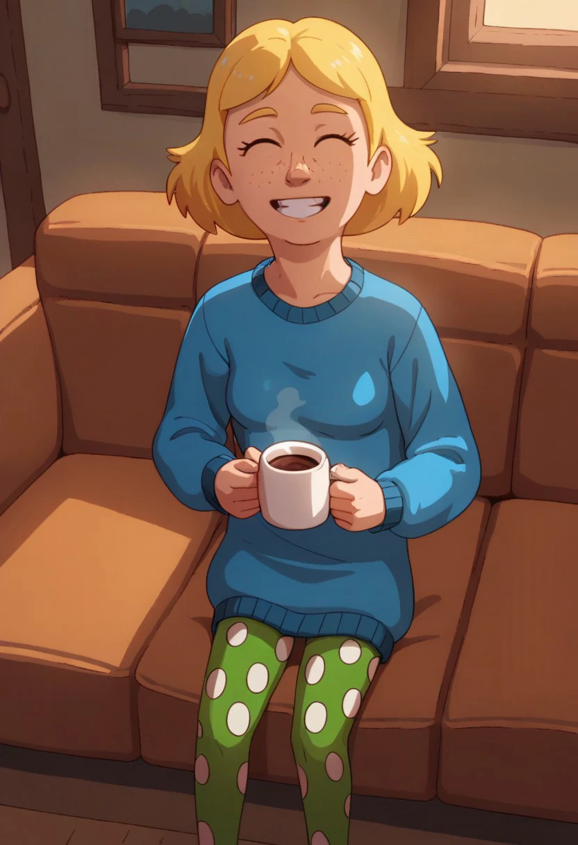 Score_9_up, score_8_up, score_7_up, BREAK, high quality, dynamic angle, 1girl, solo, judytgn, blonde hair, short hair, freckles, blue sweater, polka dot leggings, sitting on couch, happy,  drinking hot chocolate, steamy, cozy room, warm lighting,