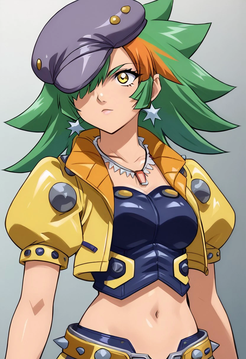 score_4_up, BREAK, zenet surrow, 1girl, solo, hat, jewelry, green hair, midriff, navel, multicolored hair, cropped jacket, jacket,  yellow jacket,puffy sleeves, puffy short sleeves, necklace, earrings, hair over one eye, yellow eyes, spiked hair, cabbie hat, breasts