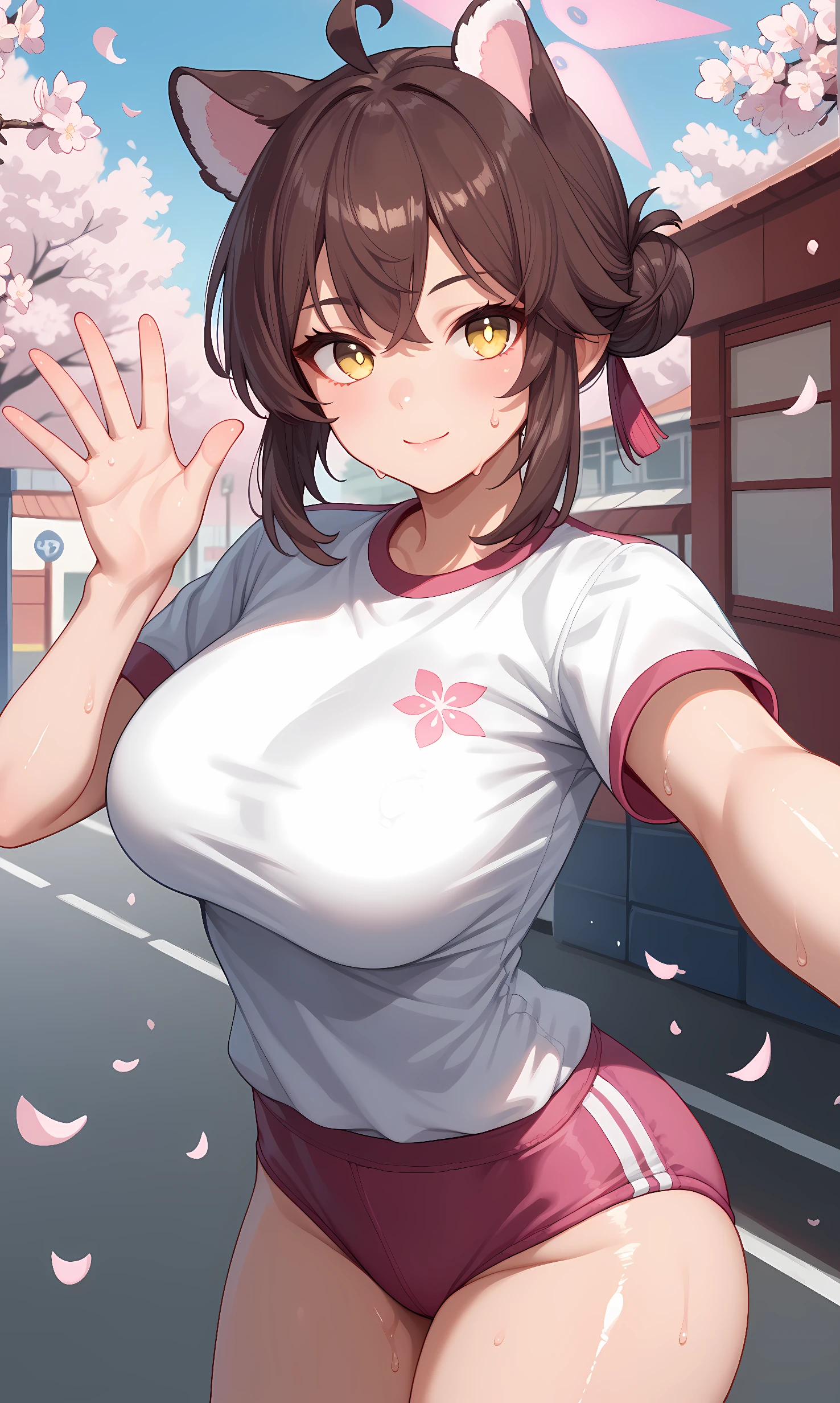 score_9, score_8_up, score_7_up, source_anime, 1girl, solo, outdoors, street, cherry blossoms, cowboy shot, standing, looking at viewer, shiny skin, kaede, yellow eyes, brown hair, ahoge, hair bun, single hair bun, animal ears, halo, white shirt, short sle...