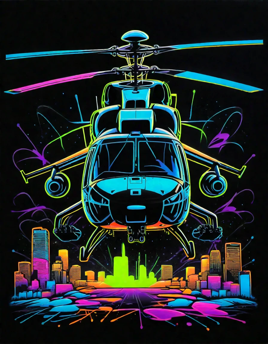 black background, blacklight painting,flat lighting, flat colors,((neon graffiti of a helicopter)),   <lora:Black_Neon_Graffiti_r1:1>