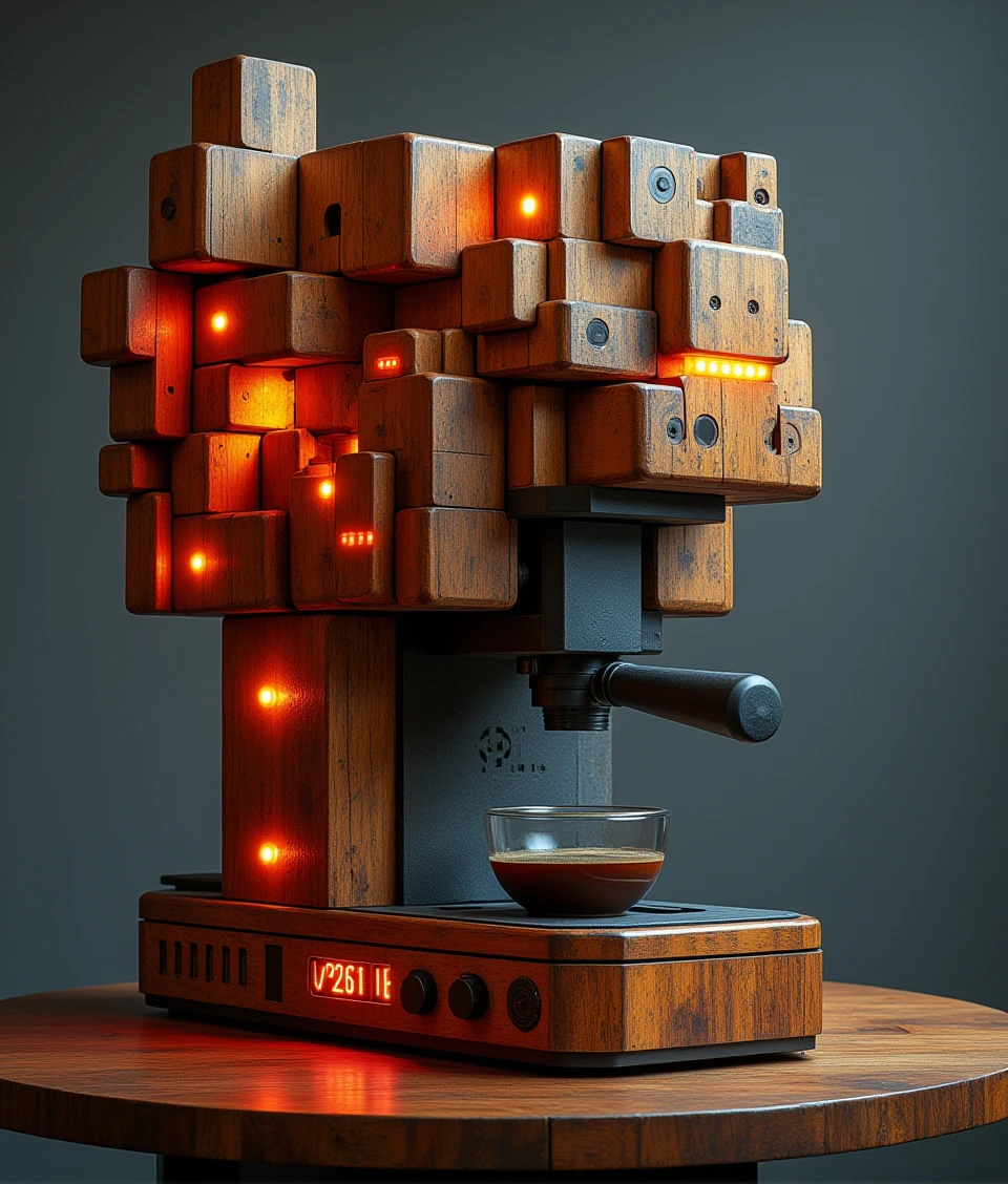 sci-fi of many floating wooden blocks is composing a coffee-maker machine on table,with neon lights