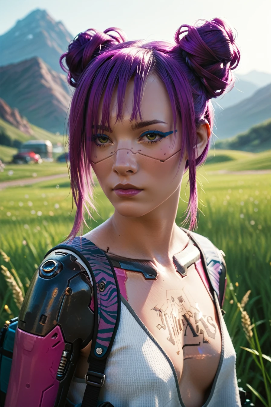 score_9, score_8_up, score_7_up, score_6_up
<lora:CyberRitaMoxBouncer:0.8>
CyberRitaMoxBouncer, 1girl, purple hair, hair buns, tattoo, cyberpunk, looking at viewer, standing in a field during the golden hour, hand gently brushing through tall grass, mountains in the distance, warm sunlight casting a glow, serene and connected to nature