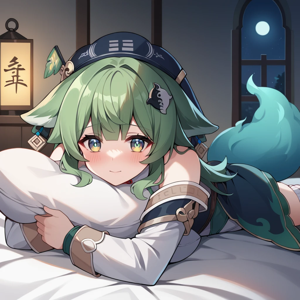 score_9_up, score_8_up, score_7_up, source_anime, masterpiece, best quality, 1girl, solo, HuoHuo, moon light, starry sky, night sky, window, dimmed light, Lantern, lying on stomach on bed, hugging pillow, mouth behind pillow, blush, happy, looking at you, face focus, feet up, white socks, green hair, long hair, green eyes, animal ears, ghostly blue tail, tail, bare shoulders, puffy long sleeves, wide sleeves, white sleeves, dark green coat, off-shoulder coat, blue headwear. hat, red tassel, neck ribbon, red ribbon, collared shirt, white shirt, hair ornament, chinese clothes, two-tone shirt, dress, green shirt, sleeveless shirt, amulet, dynamic cowboy shot, indoors, Chinese bedroom background