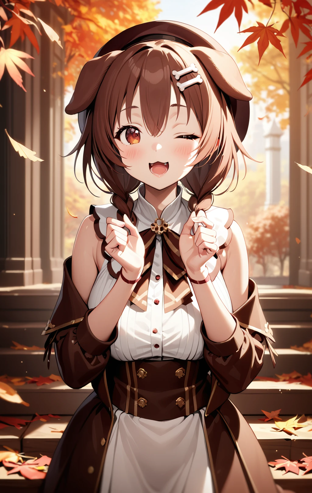 <lora:Inugami Korone SDXL:1> yukino_yukinoshita, 1girl, bone hair ornament, virtual youtuber, one eye closed, solo, autumn leaves, animal ears, brown hair, dog ears, yukino_cute_outfit , brown skit , hat, cute , masterpiece, best quality, 1girl, solo, cinematic, soft lighting, shine skin , light skin , 8k