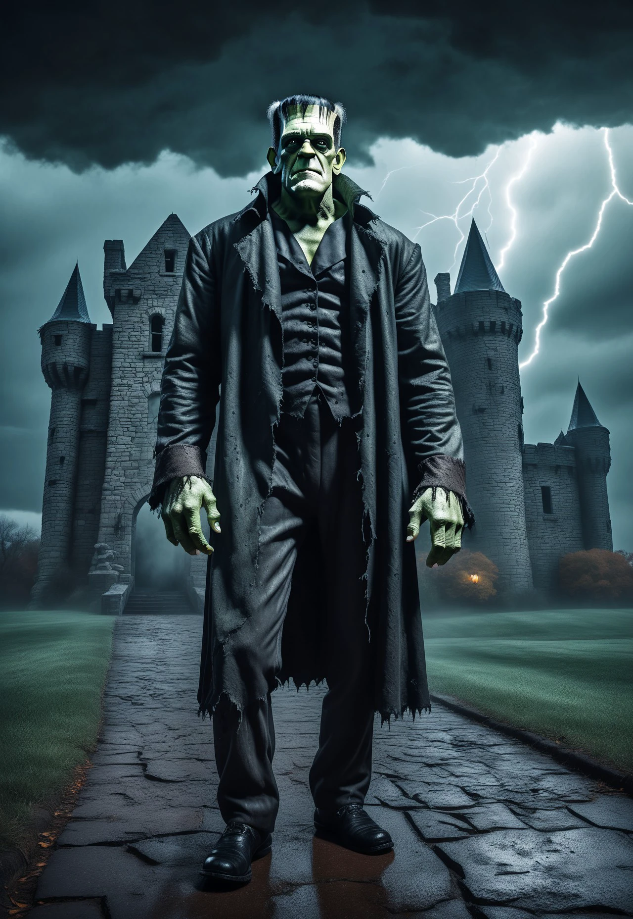 Frankenstein, standing in front of castle, dreary weather, cloudy skies, lightning, Halloween, torn clothes, menacing glare, looking at viewer