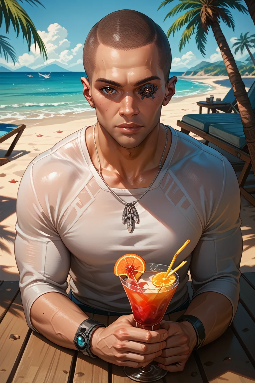 score_9, score_8_up, score_7_up, score_6_up
<lora:CyberRiverWard:0.8>
CyberRiverWard, 1boy, buzz cut, brown eyes, mechanical eye, looking at viewer, at a beach, holding a cocktail, palm trees, sand, ocean