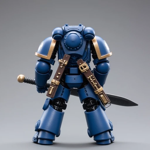 specifically a Space Marine Sergeant. The model is made of high-quality plastic and features intricate details typical of Warhammer miniatures, Ultramarines Heroes of the Chapter Brother Veteran Sergeant Castor The image is a high-resolution photograph of a detailed miniature model of a fictional character, Ultramarines Intercessors The image is a high-quality CGI rendering of a humanoid figure from the Warhammer 40, likely a Space Marine, armored design, viewed from behind, with his right arm raised holding a large, standing with a determined stance