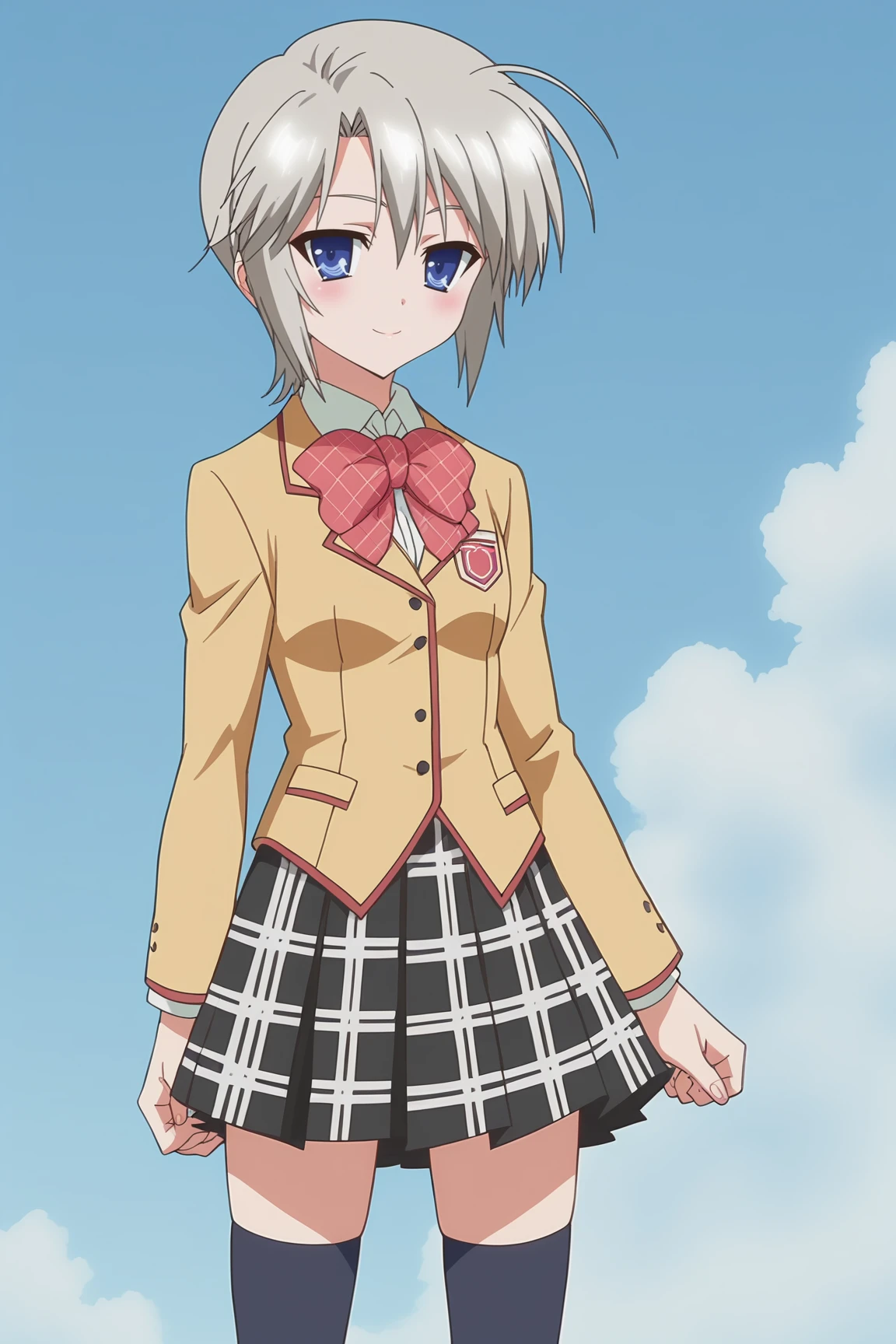 score_9, score_8_up, score_7_up, source anime, prefect lighting, very aesthetic, BREAK, anime coloring, anime screencap,
<lora:ezomori_nozomu_v1-pdv6:1>, 1girl, ezomori nozomu, kanokon, blue eyes, grey hair, short hair,
school uniform, long sleeves, bow, plaid skirt, kneehighs,
BREAK, light smile, blush, looking at viewer,
BREAK,