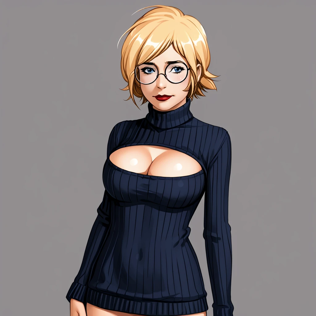 <lora:harleyquinnwhiteknight_pony_v1:.8>HarleyQuinnWhiteKnight, 1girl, solo, glasses, large breasts,  short blonde hair,cowboy shot,  <lora:open-chest-sweater-ponyxl-lora-nochekaiser:1> open-chest sweater, ribbed sweater, cleavage cutout, meme attire, clothing cutout, turtleneck, sweater dress, cleavage, clothes tug, sweater pull, cleavage reach,