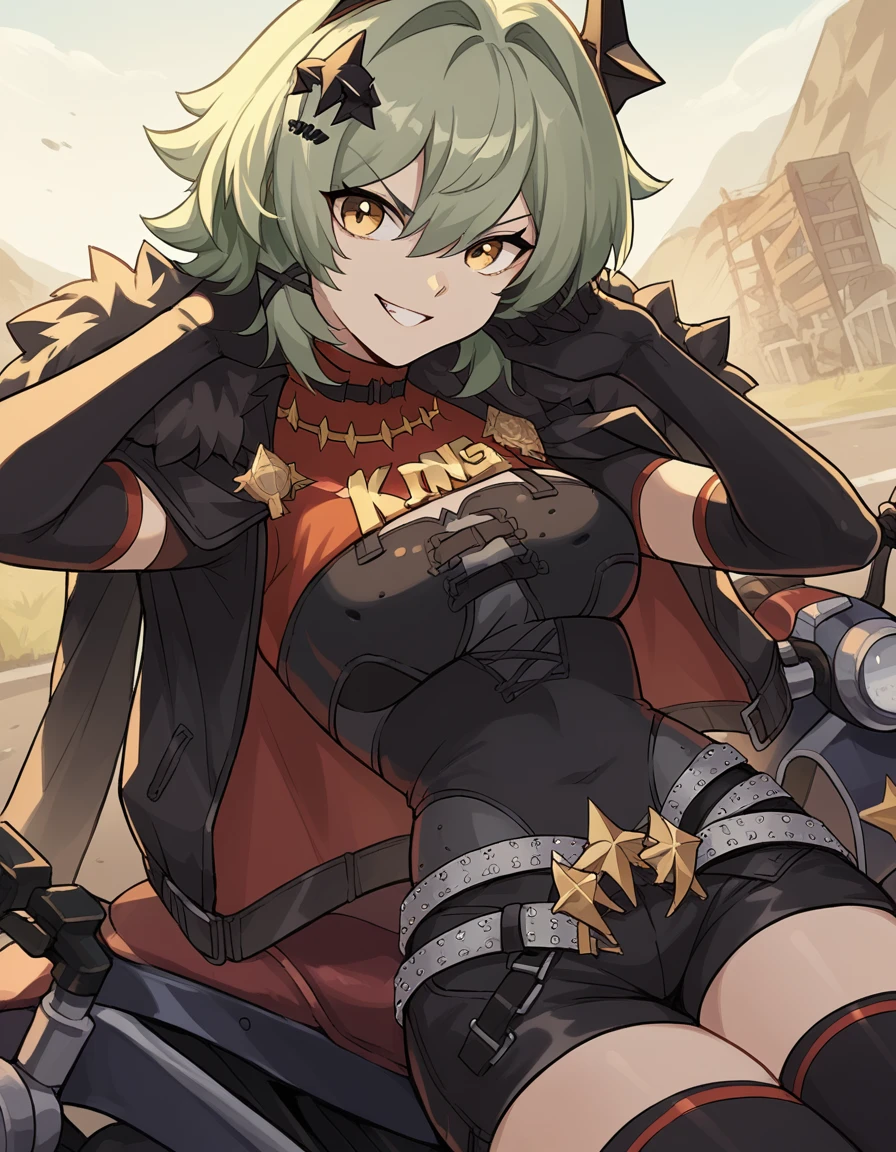 score_9, score_8_up, score_7_up, source_anime, <lora:caesar-king-ponyxl-lora-nochekaiser:1>, caesar king, green hair, short hair, hair between eyes, sidelocks , yellow eyes, confident, hair intakes, v-shaped eyebrows, happy, black gloves, black shorts, black shirt, black thighhighs, gloves, black skirt, grey belt, fur-trimmed jacket, elbow gloves, fur trim, hair ornament, open jacket, emblem, black horns, , old garage, scattered tools, motorcycle parts lying around, cowboy shot, dutch angle, hand on shoulder, elbow out
