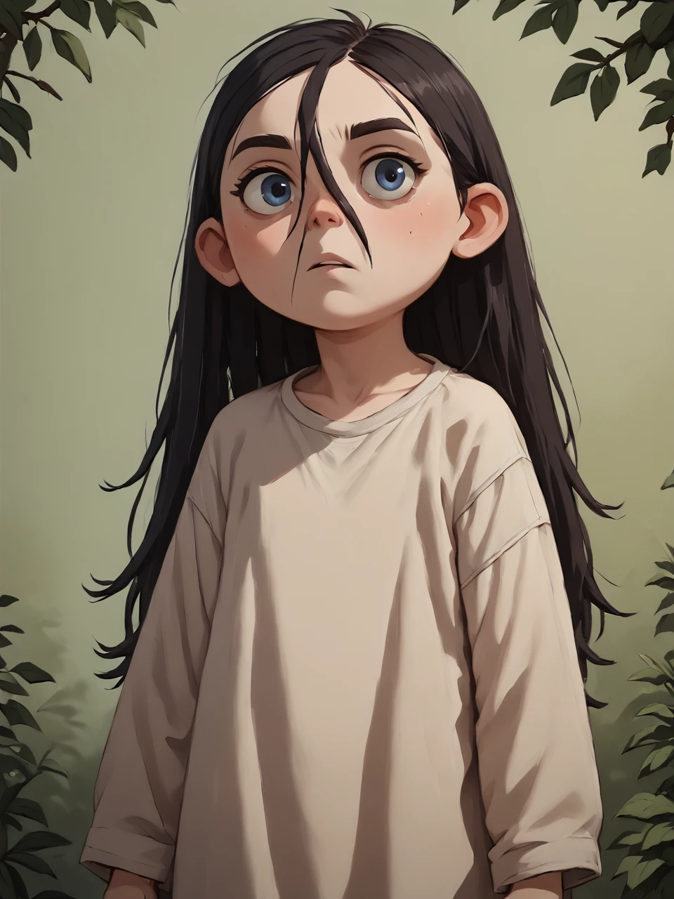 score_9, score_8_up, score_7_up,  score_6_up, BREAK, WolTruffles, 1girl, solo, black hair, long hair, hair between eyes, blue eyes, child, shirt, oversized clothes, in the forest <lora:Truffles:1>