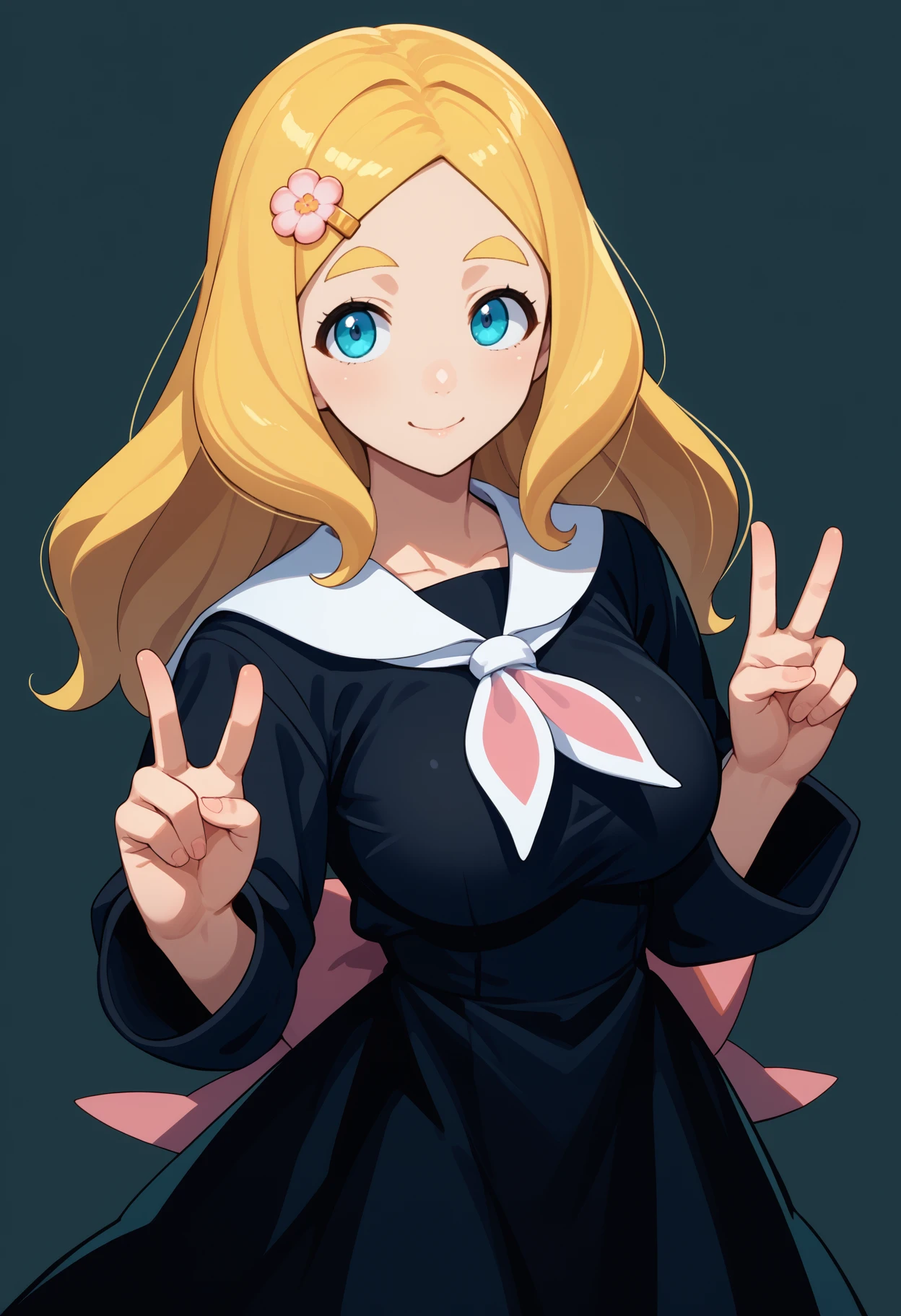 score_9, score_8_up, score_7_up, source_anime, <break> solo, 1girl, shinonome megu, smile, looking at you, standing, double v, long hair, blonde hair, parted bangs, hair flower, hairclip, blue eyes, thick eyebrows, black dress, sailor dress, white sailor collar, neckerchief, long sleeves, large breasts
<segment:yolo-face_yolov8m.pt,0.4,0.5//cid=1>