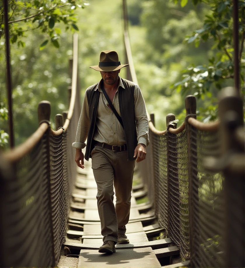 80mm lens. F2.8. . photography. f/2.8 , bokeh, outdoor,, <lora:indiana-jones-flux-a4nh8:1.2> a4nh8, man, Walk on a rickety rope bridge