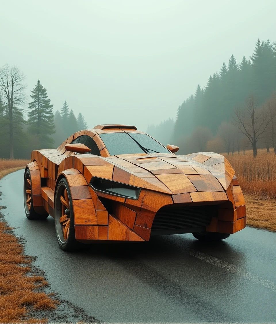 fantasy photo of a wooden sport-car made up of many floating wooden blocks on road